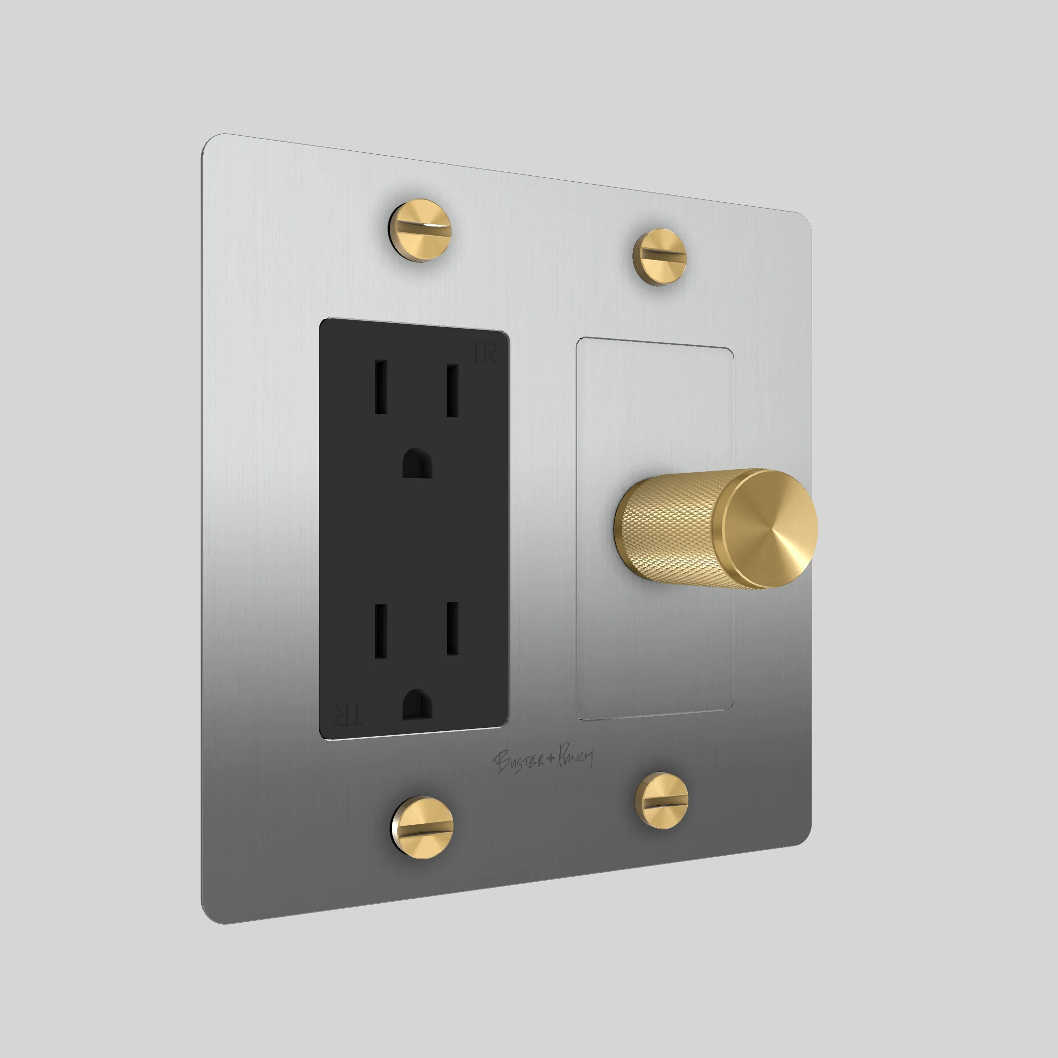 2G Dimmer & Duplex Outlet / Cross / With Logo / Steel / Brass - Image 2