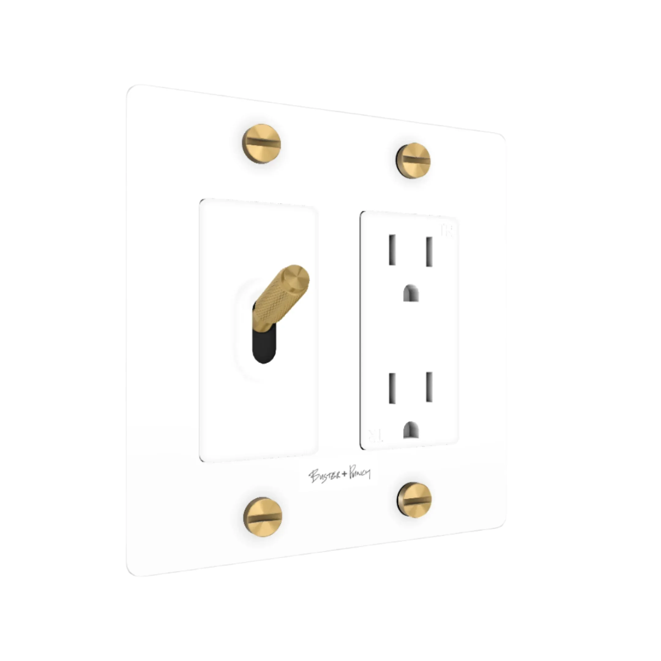 2G Toggle & Duplex Outlet / Cross / With Logo / White / Brass