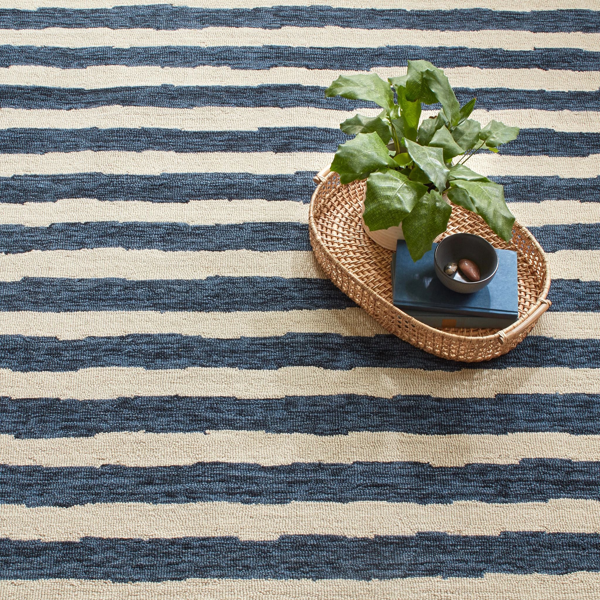 Silas Stripe Navy Hand Micro Hooked Wool Rug - Image 2